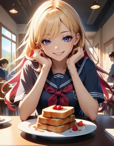 Young female student、Schoolgirl、(toast:1.4)、 Detailed Facial Features、Delicate skin、((Beautiful fingers、5 fingers))、smile、Long Hair、 school uniform、Bright Dining Table 、Breakfast scene、Natural Light、Vibrant colors、 detailed texture 、 complex background 、(Best Quality:1.2、 very detailed 、 super high definition、 high contrast 、 Anime style 、 detailed CG illustration、masterpiece:1.2、Best aesthetics)、 sharp focus、Vibrant colors、Super detailed