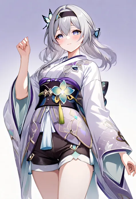 looking ahead, firefly \(honkai: star rail\), blue eyes, pink eyes, gradient eyes, grey hair, long hair, black hairband, medium ...