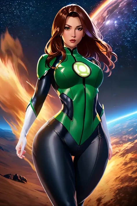 masterpiece, best quality, tween girl, flat chest, slim waist, large hips, thick legs, green lantern costume, outer space, mediu...