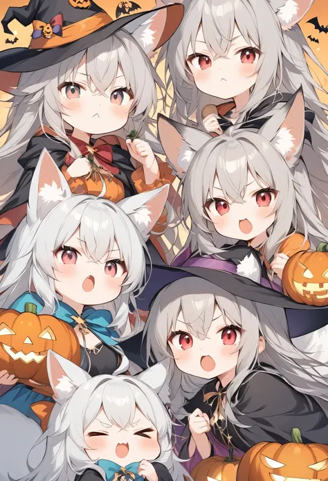 Thin and soft painting style 、White fox girl 、Gray Hair、 Smooth Long Hair 、Fox Ears、 Foxs Fluffy Tail 、Ruby Eyes、Slanted Eyes、cute、Halloween、 jack-o-lantern background、Witch Costume、Puff out your cheeks、They dont give me sweets and theyre relentless,An...