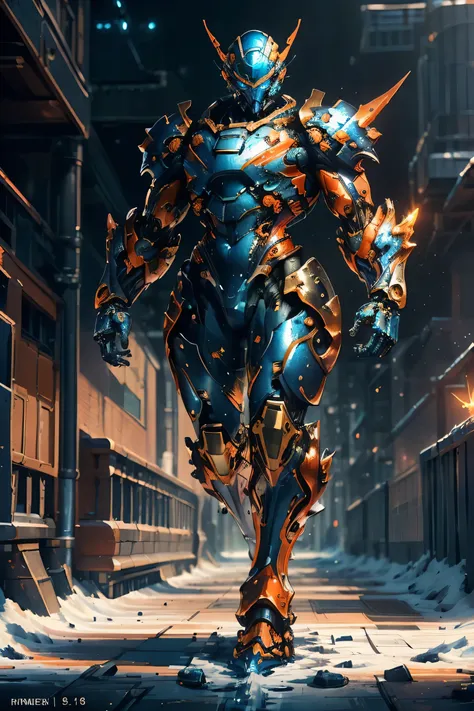 ((running towards viewer: 1.5 , dynamic pose: 1.5)), (metallic: 1.8, orange and blue suit: 1.5), (Japanese hero, whole body), (mech bodysuit with swords: 1.5), ((Blizzard: 1.5)), cyberpunk, (My eyes are shining brightly: 1.5), Suit parts are large , Lots o...