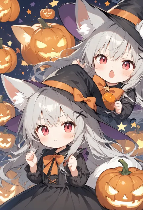 Thin and soft painting style 、White fox girl 、Gray Hair、 Smooth Long Hair 、Fox Ears、 Foxs Fluffy Tail 、Ruby Eyes、Slanted Eyes、cute、Halloween、 jack-o-lantern background、Witch Costume、Puff out your cheeks、They dont give me sweets and theyre relentless,An...