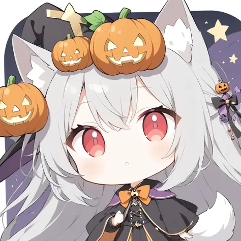 Avatar、icon、 little character 、White fox girl 、Gray Hair、  Smooth Long Hair  、Fox Ears、  Fox's Fluffy Tail  、Ruby Eyes、Slanted Eyes、cute、Halloween、 jack-o-lantern background、Witch Costume、They don't give me sweets and they're relentless、:<,Looking up