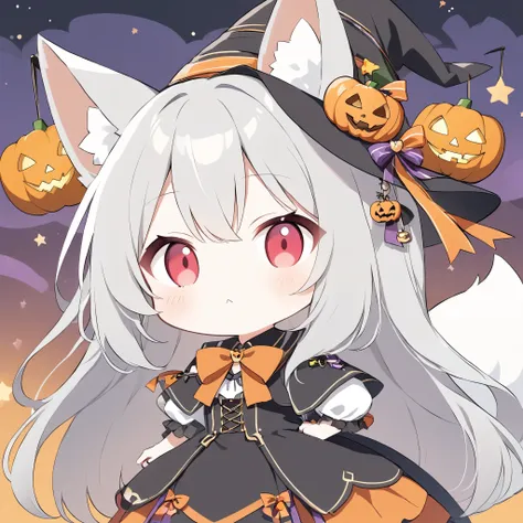 Avatar、icon、 little character 、White fox girl 、Gray Hair、  Smooth Long Hair  、Fox Ears、  Fox's Fluffy Tail  、Ruby Eyes、Slanted Eyes、cute、Halloween、 jack-o-lantern background、Witch Costume、They don't give me sweets and they're relentless、:<,Looking up