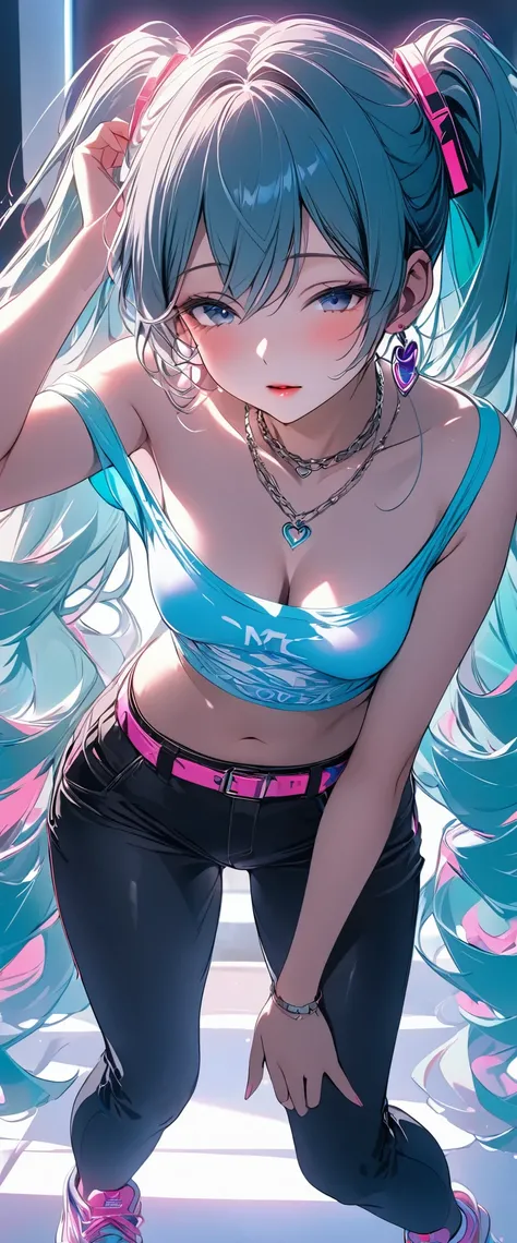 ( Hatsune Miku:1.8)、(masterpiece,最high quality, super high definition),(((25-year-old woman))),Anime face、masterpiece, high quality, 最high quality, 16k,  very detailed, AI-generated,  Delicate and dynamic ,Healthy Body, Height: 160cm,Small Breasts:0.6、（ cl...