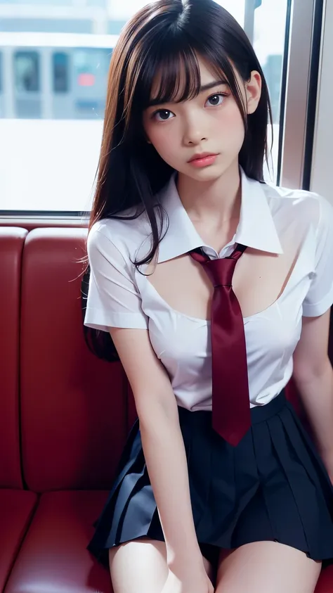 (masterpiece, Highest quality:1.2), 8K, s, 85mm, Official Art, RAW Photos, absurdes, White dress shirt, Pretty face, close, Upper Body, violet, Gardenia, beautiful girl, , (Navy Pleated Skirt:1.1), Squeeze the waist, Thighs, Short sleeve, in the train, sit...