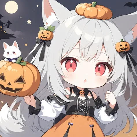 Avatar、icon、 little character 、chestnut mouth、White fox girl 、Gray Hair、  Smooth Long Hair  、Fox Ears、  Fox's Fluffy Tail  、Ruby Eyes、Slanted Eyes、cute、Halloween、 jack-o-lantern background、Witch Costume、They don't give me sweets and they're relentless,Looking up