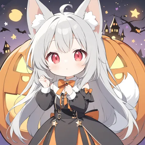 Avatar、icon、 little character 、White fox girl 、Gray Hair、  Smooth Long Hair  、Fox Ears、  Fox's Fluffy Tail  、Ruby Eyes、Slanted Eyes、cute、Halloween、 jack-o-lantern background、Witch Costume、Begging for candy 、Looking up