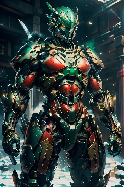 ((Carrying a sword on his back : 1.5 , dynamic pose: 1.5)), (metallic: 1.8, red and lime-green suit: 1.5), (Japanese hero, whole body), (mech bodysuit with swords: 1.5), ((Blizzard: 1.5)), cyberpunk, (My eyes are shining brightly: 1.5), Suit parts are larg...