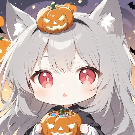 Avatar、icon、 little character 、chestnut mouth、White fox girl 、Gray Hair、  Smooth Long Hair  、Fox Ears、  Fox's Fluffy Tail  、Ruby Eyes、Slanted Eyes、cute、Halloween、 jack-o-lantern background、Witch Costume、Begging for candy 、Looking up