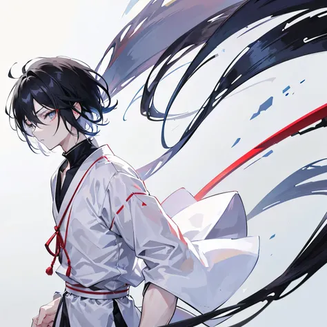 Anime boy, with black hair, white hair stroke in front of hair, specifically one sweep. Short hair. Male, nonchalant face, calm, unfazed look. Looking at view, walking towards view. wearing long sleeve rolled up to his arms, japanese school uniform-like, c...