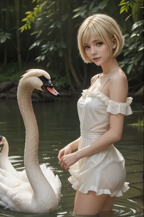 a beautiful girl standing next to a swan a swan, she is wearing a white sheer short pixie dress wlop by andrei riabovitchev, yur...