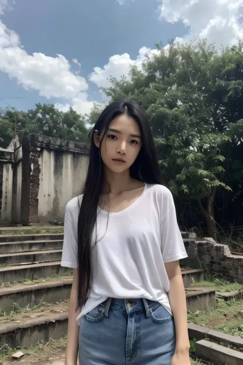 Thai woman,  Look at the viewer, Long hair, shirt, jeans, cloud, sky, sky空,Outdoors, Post-apocalypse, ruins, landscape, Tree, water,