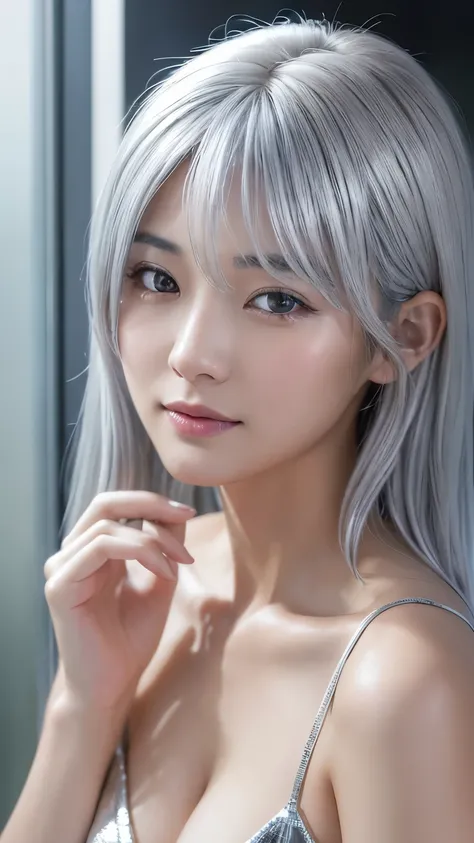 masterpiece、 High Resolution 、  high quality、  Japanese women 、   Beautiful Adult Female  、actress、(((Silver Hair:1.3)))、 medium hair 、Japanese woman&#39;s face、((The most beautiful face:1.3))、smile、Beautiful Skin、Cute eyes、Big Eyes、Droopy eyes、  Brown Eye...