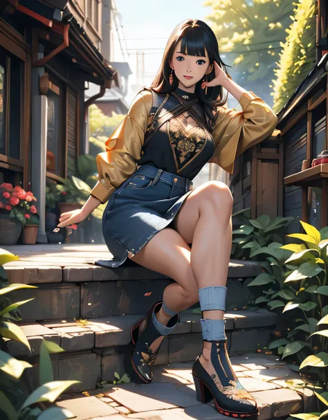  A beautiful Korean girl .
 long black hair , with bangs.
blue eyes.
Sexy hip-hop blouse .
Short denim skirt, sexy.
 Black high heel shoe .
Shes in the garden doing a sexy pose for the photo.
Whole body.
 (Anime style 32K, HDR, UHD, Intricate detail, Extre...