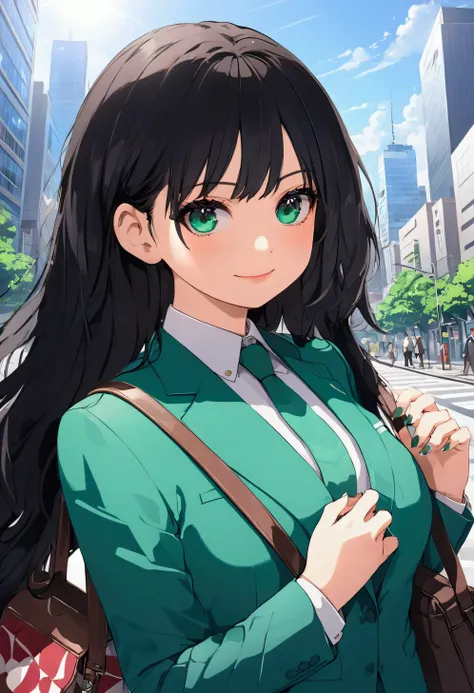 Best Quality,8k,masterpiece:1.3, Japanese anime style ,Human Girl,1 person,1 person,Petite, Glamorous Bodies,Curvy,cute,Smiling face,Beautiful long black hair, beautiful emerald green eyes , recruitment suit ,Walk with a shoulder bag on your shoulder,Japan...