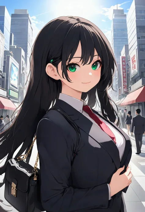 Best Quality,8k,masterpiece:1.3, Japanese anime style ,Human Girl,1 person,1 person,Petite, Glamorous Bodies,Curvy,cute,Smiling face,Beautiful long black hair, beautiful emerald green eyes , black recruitment suit,Walk with your shoulder bag on your left shoulder,Japanese cityscape,Office District,