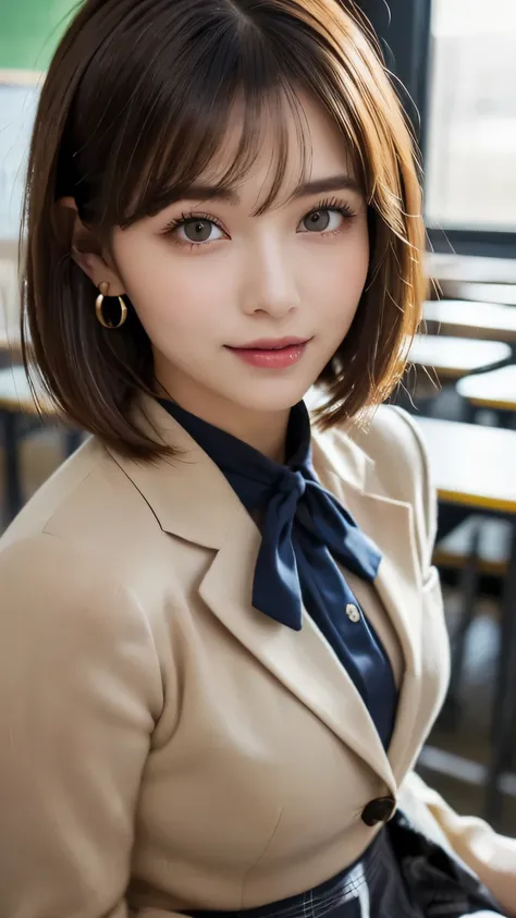 (A beautiful and cute high school girl in a school uniform is in a high school classroom during lunch break, She is wearing a blazer and a Checkered pleats skirt as her uniform, with a Ribbon accent around collar:1.3), 
break 
(Realistic, 32K, RAW Photos, ...