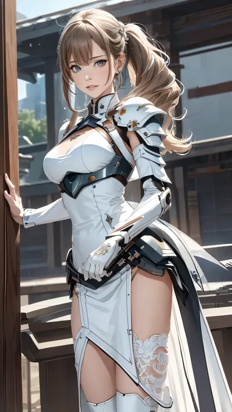 (dynamic fighting pose),(leather boots,(asymmetrical mecha armor),(long embroidered white lace dress,see through,lift up the hem of the dress)),(random hairstyle),(Thin type:1.8),(large breasts),(Highest image quality,(8K), Ultra-realistic, Best Quality, H...