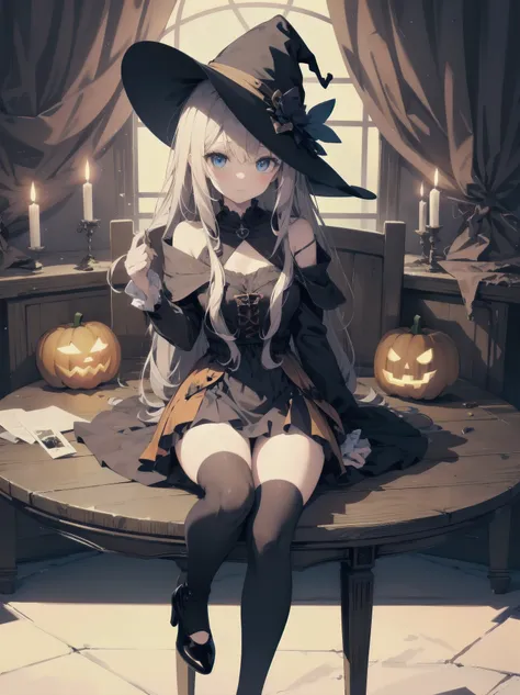 (🧙‍♀️), ✡, ✨, 🎃, (black hat), ((cartoon drawing style)), Halloween, witchs vestments, knee-highs with a jack-o-lantern pattern,
Illustration of a witch sitting at a table and looking shyly at you, drawn in cartoon style, cinematic, cinematic angle.
One, ve...