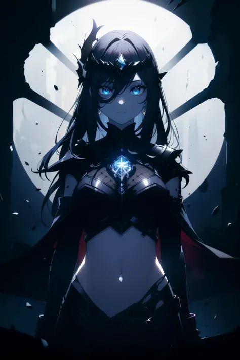 (masterpiece,  The best quality ,  Ultra High Resolution ), 1 Girl,  to a standing, ((wearing open black steel helmet)), (armor, suit of paladin armor, glistening black armor), ((Pitch black, Pitch black hair:0.7), Cut long hair,  pale skin , ((blue Eye)),...