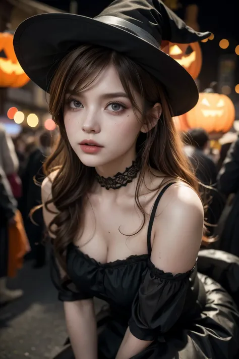 realistic, cinematic, photogenic, haloween, in an urban area, wearing cosplay of haloween witch, wearing large witch hat, gothic...