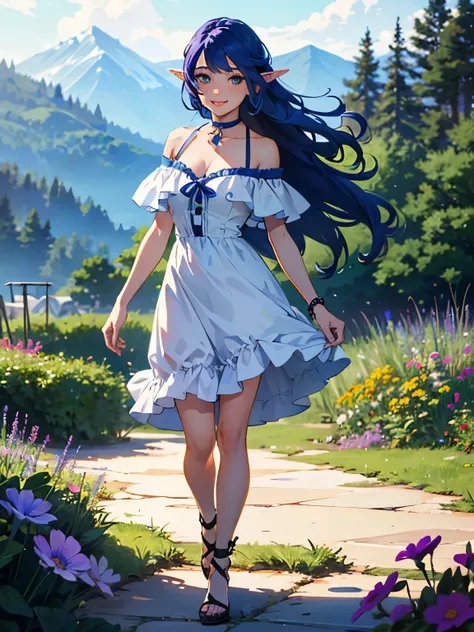 (masterpiece, high resolution,ultra - detailed:1.0),1 girl,Young and beautiful woman, long elf ears, blue hair ribbon, eyes looking away from camera, ((smiling)), (giggling), Perfect female body, (full body), Extremely detailed CG,Unity 8k wallpaper，Compli...