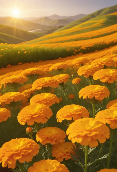 field of marigold flowers、detailed petals、 bright orange and yellow colors 、sunlight flowing through the flowers 、 rolling green...