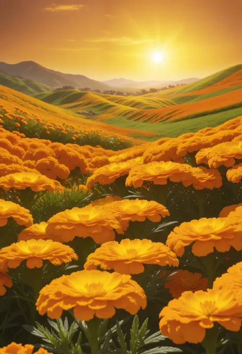 field of marigold flowers、detailed petals、 bright orange and yellow colors 、sunlight flowing through the flowers 、 rolling green...