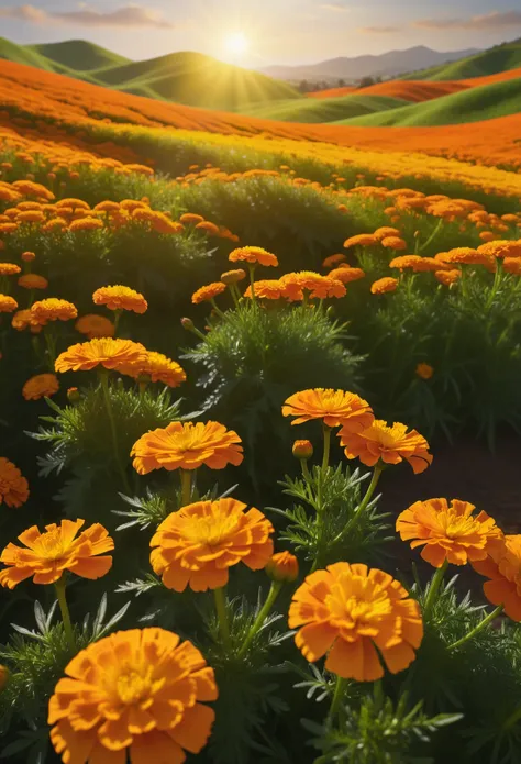 field of marigold flowers、detailed petals、 bright orange and yellow colors 、sunlight flowing through the flowers 、 rolling green...