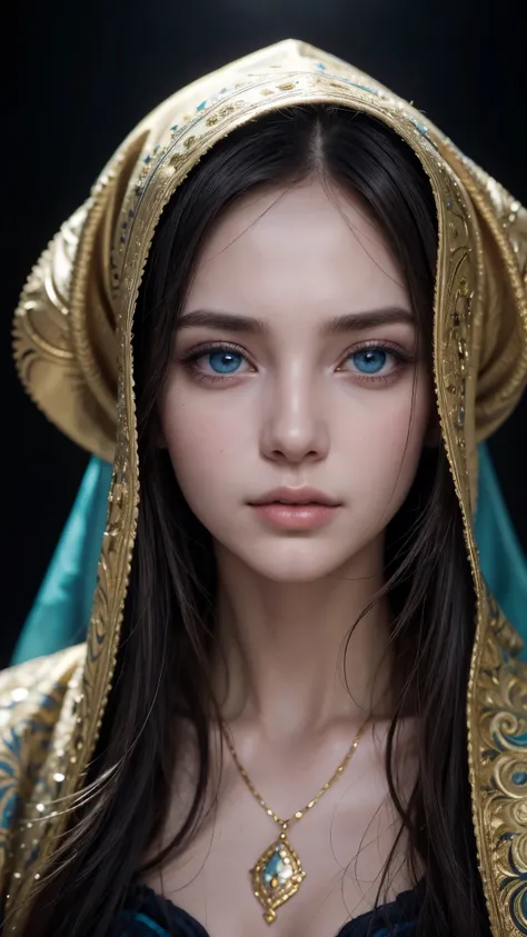 arafed woman with blue eyes and gold jewelry in a dark room, detailed beauty portrait, Arabian Beauty, portrait shot, stunning portrait, detailed beautiful portrait, stunning digital illustration, beautiful portrait, traditional beauty, very beautiful port...