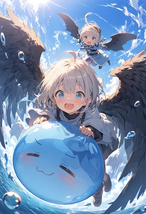 1 little swordsman riding a blue slime with big wings, Dungeons、Clear blue sky、 Adventures、Fisheye Lens、SLR、I feel the depth、Fun Expressions、Bokeh、Flying