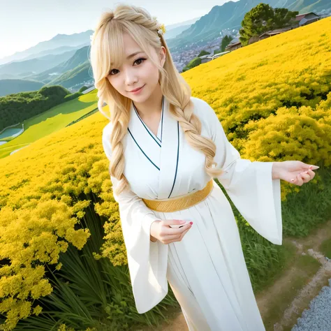 Blonde hair like rice ears, semi-long hairstyle, wearing a soft and elegant Japanese kimono, standing gracefully in a bountiful mountain valley field, a goddess with a serene and noble expression, representing the great goddess of food. 