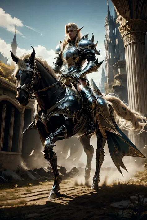 ultra detailed 8k, masterpiece, one men elf knight, riding horse, high elf,  detailed face, long blonde hair, plate armor, holding sword, perfect  horse legs