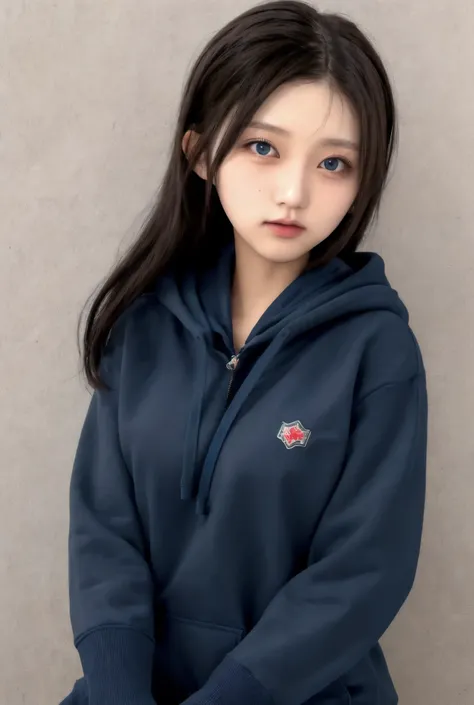 1 girl in a black hoodie, solo, Long Hair, blue eyes, Brown Hair,  Japanese Women