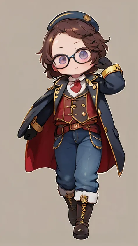 1.Steampunk,,,glasses on her forehead ,Fake smile,gloves,whole body,boots,pants,Have, ，