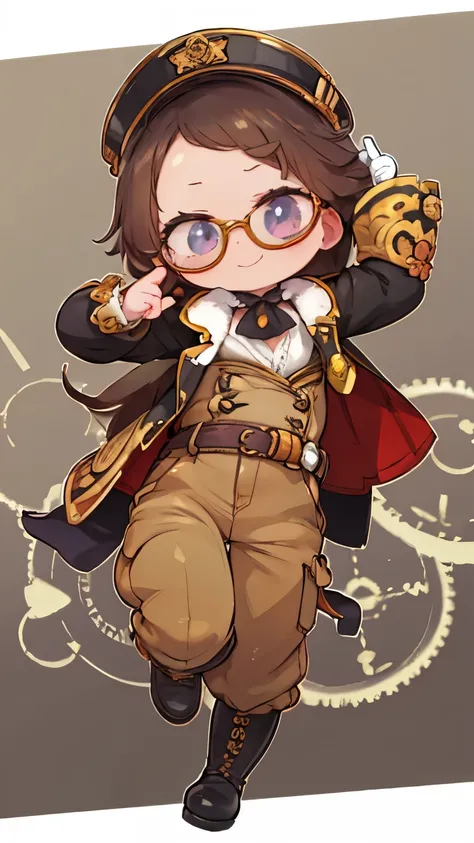 1.Steampunk,,,glasses on her forehead ,Fake smile,gloves,whole body,boots,pants,Have, ，