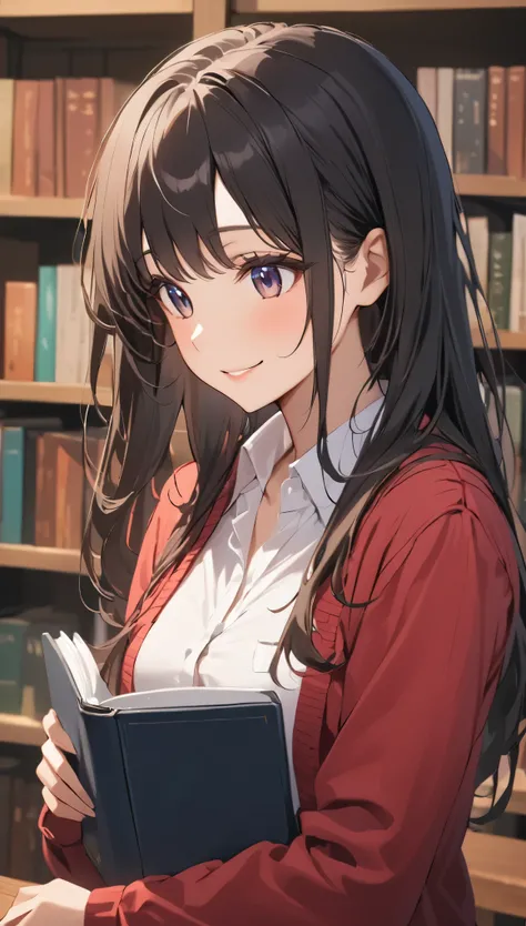 (masterpiece), One Girl, long hair, Black Hair, A woman holding a book, standing by a library table, smiling softly as she talks