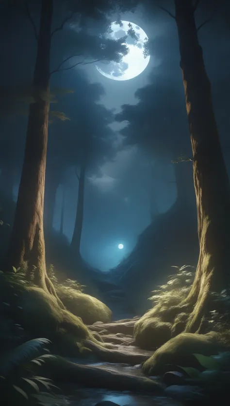 a mysterious dark forest with a giant full moon, detailed moonlit landscape, dramatic lighting, cinematic composition, moody atmosphere, highly detailed, photorealistic, 8k, (best quality,4k,8k,highres,masterpiece:1.2),ultra-detailed,(realistic,photorealistic,photo-realistic:1.37),dramatic moonlight,dense foliage,ancient trees,dramatic shadows,mystical woodland,spooky forest,beautiful night sky,glowing moon,intricate details,vibrant colors,magical realism