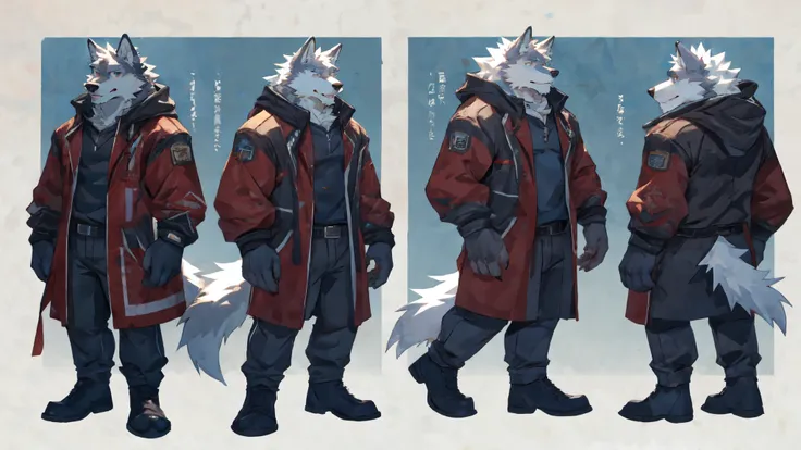 visual novel, 4 pose, wolf, lazy character