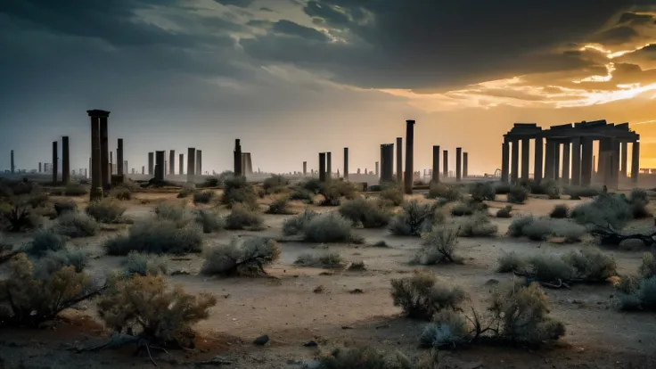 Desolate Scenery :  A vast desert under a gloomy twilight sky ,  with long shadows and dust blowing in the wind . Ao longe,  ruins of ancient buildings and broken dry trees,  depicting broken dreams .  The atmosphere is one of loneliness and melancholy .