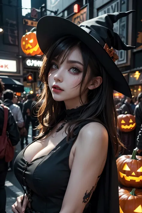 halloween night, at night, in a busy area of ​​a big city, a large crowd, the crowd gathered in the middle of a scramble interse...