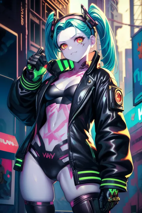 Rebecca, 1girl, young girl, 1 , futuristic cyberpunk, lewd grin, (twin tail, hairband, colored sclera, red sclera, green hair, green pupils, fang, red eyes, wearing a little sexy clothes, black croped jacket ), ((skinny body)) , (((biggauntlets:1.2 ))), ci...