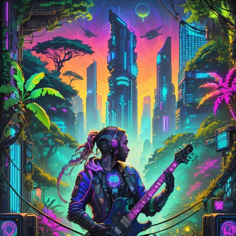 a poster of a man with a guitar in a futuristic city, ( ( ( ( ( dan mumford ) ) ) ) ), cyberpunk garden, cyberpunk art style, cyberpunk vibrant colors, masterpiece epic retrowave art, in the style dan mumford artwork, cyberpunk dreamscape, detailed cyberpu...