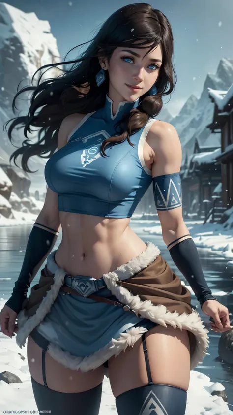 Korra da avatar,(best quality, 4K,8k,high resolution,work of art:1.2)(weather: snowing), tundra background, artic village, wide hips, long curly hair, brown hair, freckles, sleeveless crop top, fur belt, mini skirt, stockings, garter belt, winter boots, el...