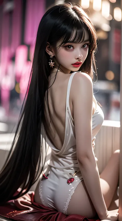  20 year old girl 、,（ lying down ）,(Girl on all fours),(Rear view)、(look back),Pink purple silk dress、Beautiful face without blemishes、 Delicate Translucent Nightgown、 Elongated sequin nightgown with lots of sexy black lace details、 1 BEAUTIFUL THIN RED SI...