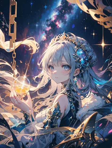  Height Detail ,  Super Detailed ,  Ultra High Resolution ,  Girls enjoy time in the dream galaxy , Surrounded by stars ,  Warm glow radiates on her , Background is starry sky， colorful galaxies and galaxy clouds,  Stars fly by her side , delicate face,  a...