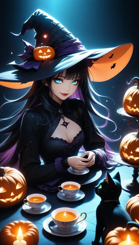 witch having a halloween tea party、smile、detailed face、detailed eyes、detailed lips、long hair、detailed hair、detailed clothing、 de...