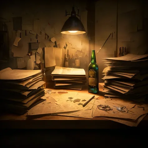 there is a bottle of beer sitting on a table with many papers, character sheets on table, dramatic lighting render, papers on table, photorealistic dark concept art, by Aleksander Gierymski, rendered in unreal engine”, detailed conceptual photography, 3 d ...