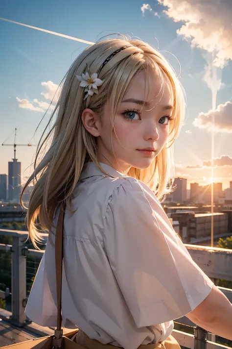 masterpiece, top quality, highly detailed, Unity 8k wallpaper, (riding a crane truck), firmament, girl 1 person, heavy machinery, gradient hair, hair between eyes, ahoge, age: 16, looking back, pretty face, white neeso,